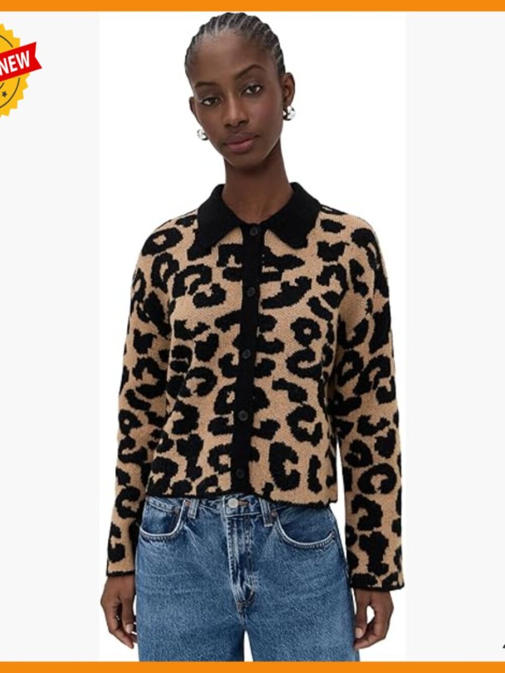 Mid-Weight Stretch Knit Cardigan with Ribbed Trim, Leopard Print